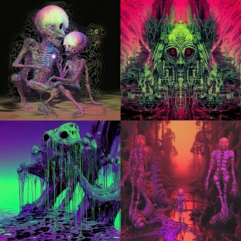 Four creepy alien and skeletal creatures in neon digital art with vivid magenta, green, purple