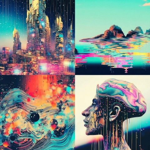 Four surreal scenes of a city, landscape, abstract waves, and melting head in neon colors