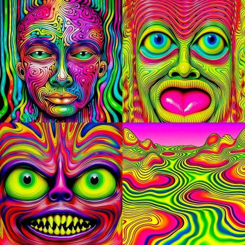 Three grotesque faces and an abstract landscape in vivid neon psychedelic line art