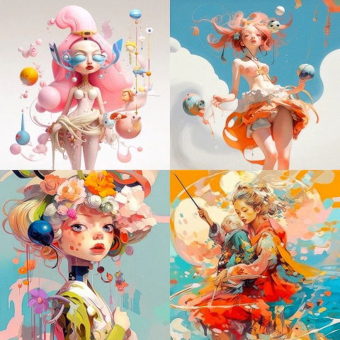 Four surreal women with elaborate hair and costumes in bright pastel digital illustration