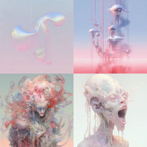 Surreal grotesque creatures in a pale pastel digital collage with soft light and glitchy textures