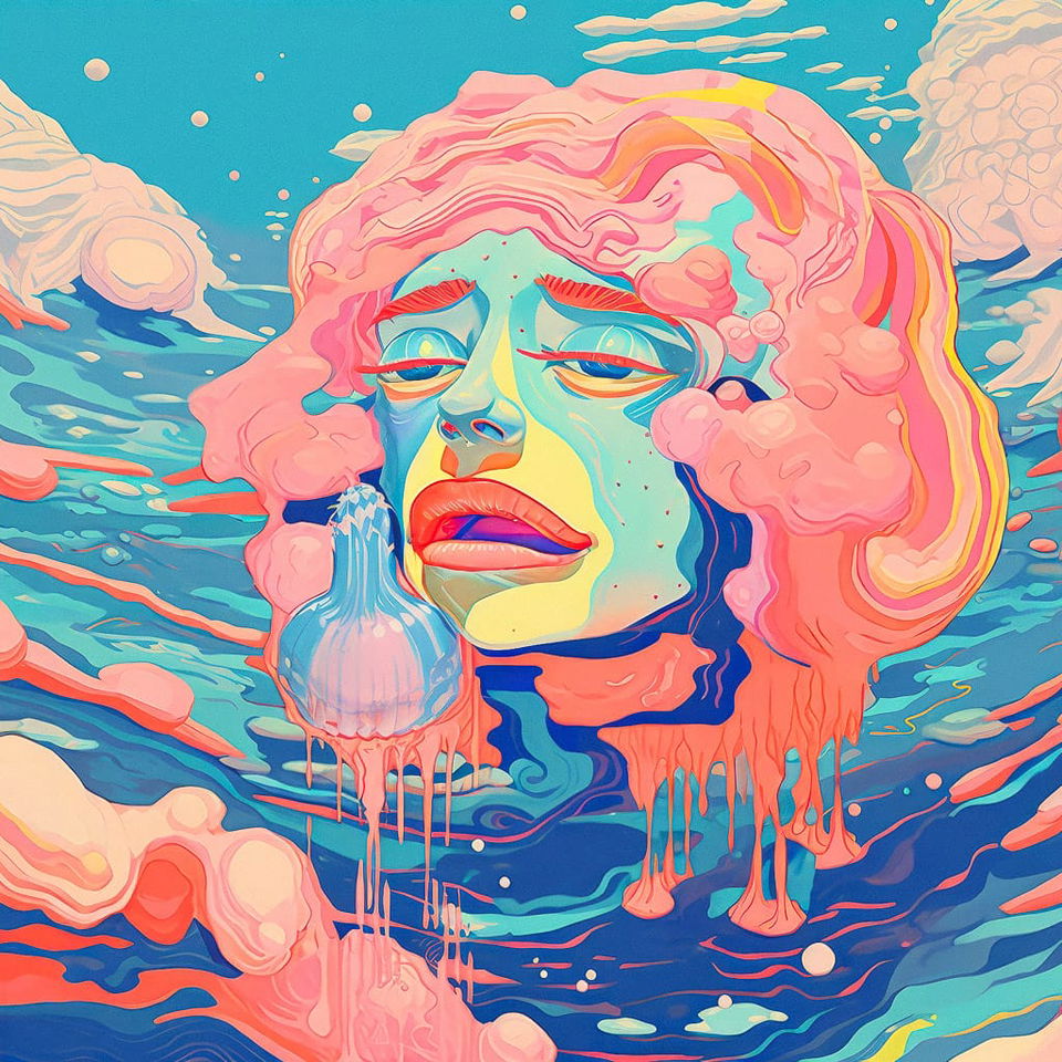 Surreal woman's face with pink hair and melting forms, vividly colored digital painting