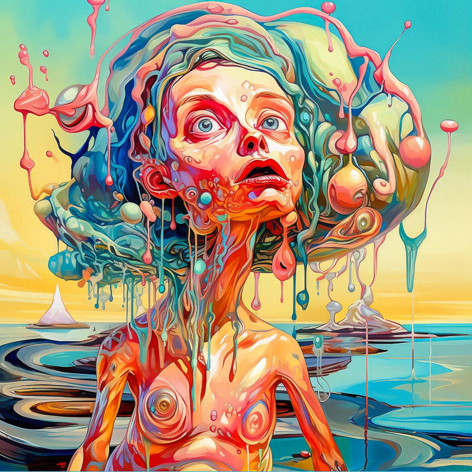 Surreal melting woman with tentacled hair in vivid flowing psychedelic colors