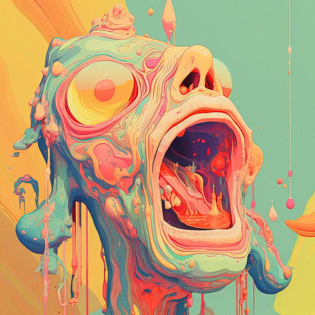 Surreal melting monster with a gaping mouth, fluid psychedelic forms, and warm pastel colors