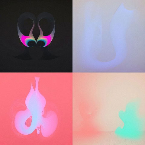 Four abstract glowing forms in dark and pastel neon gradients with soft diffused light