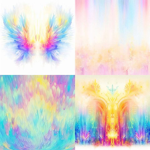 Abstract floral compositions in a pastel rainbow palette with soft, luminous watercolor textures