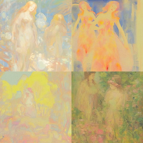 Four pastel portraits of women and flowers in soft, hazy impressionist colors