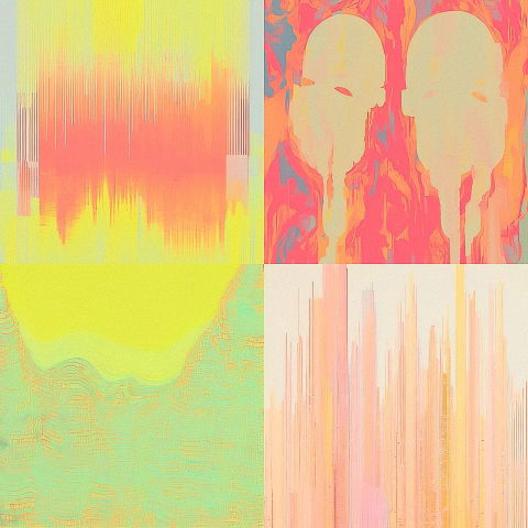 Abstract four-panel composition with figures and waveforms in pastel neon colors and soft light