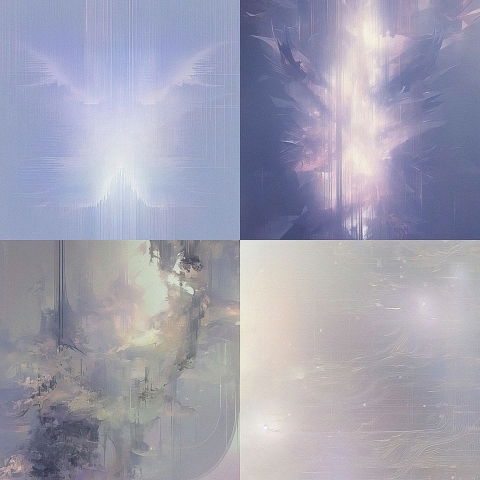Four abstract luminous compositions in soft blue, lavender and gray watercolor textures