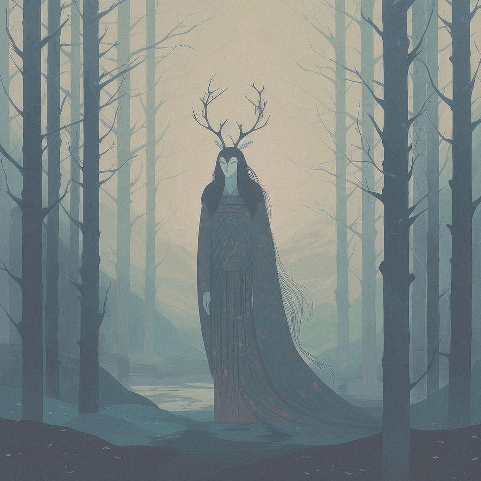 Antlered, cloaked figure in a misty forest, muted blue-gray digital illustration with soft light