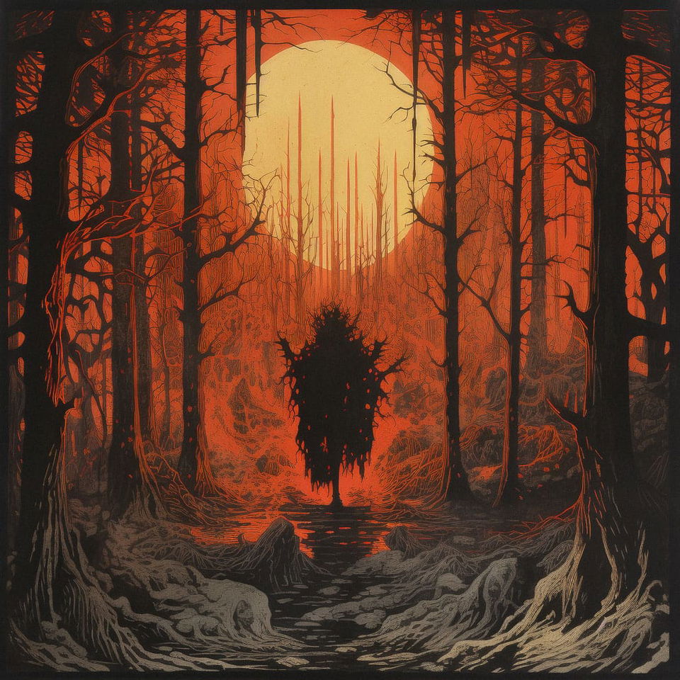 Chernobog in a dark forest, woodblock print with fiery red and black palette, Midjourney V5.2