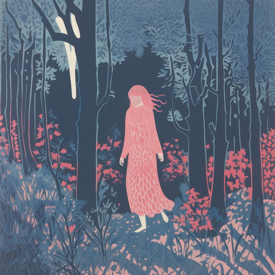 Chernobog in a forest, woodblock print with muted blue and coral palette