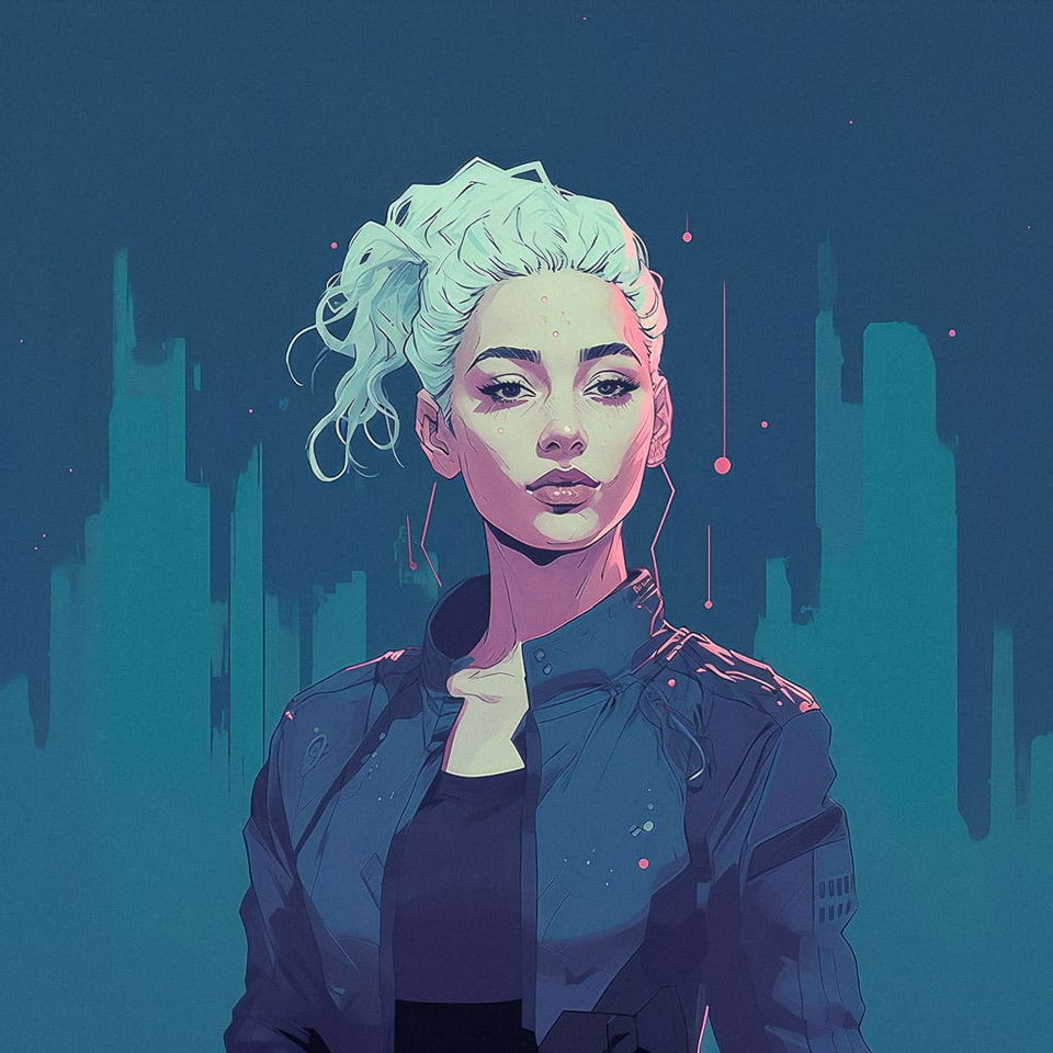 Cyberpunk woman portrait in neon teal and pink digital comic-style lighting