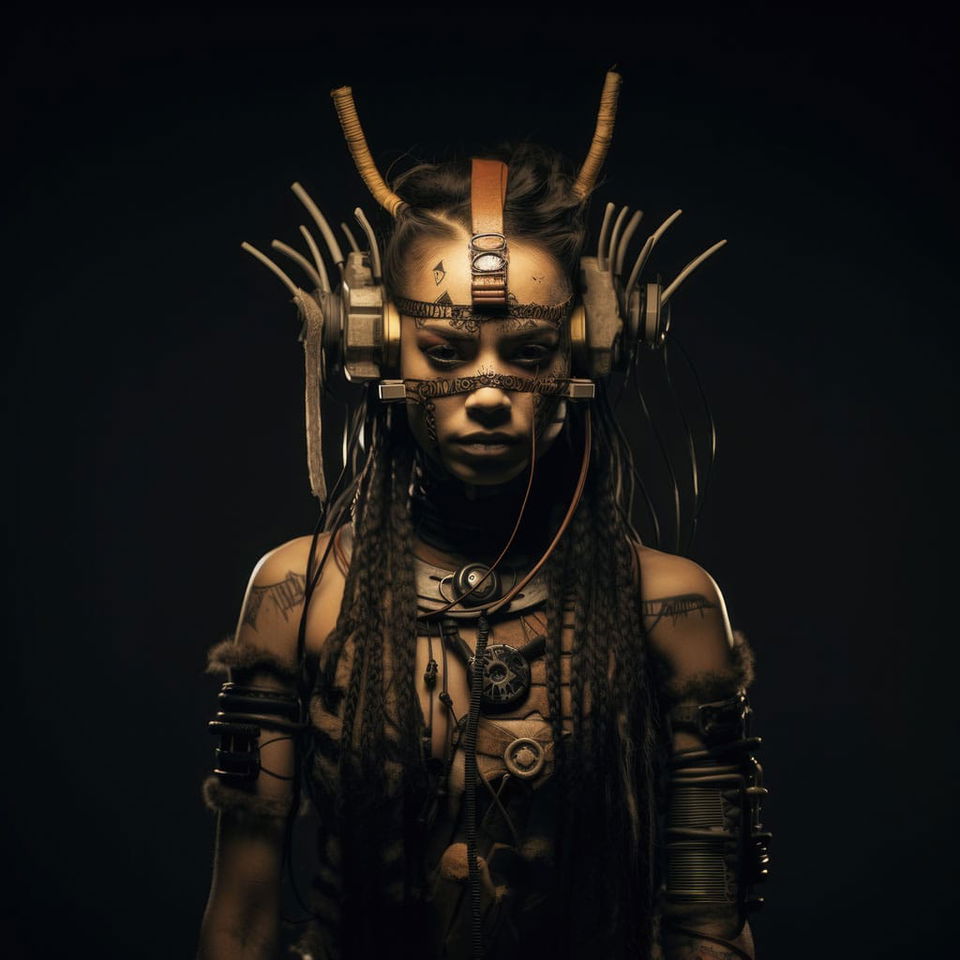 Cyberpunk character in the style of Edward S. Curtis, sepia studio portrait with dramatic light, Midjourney V5.2