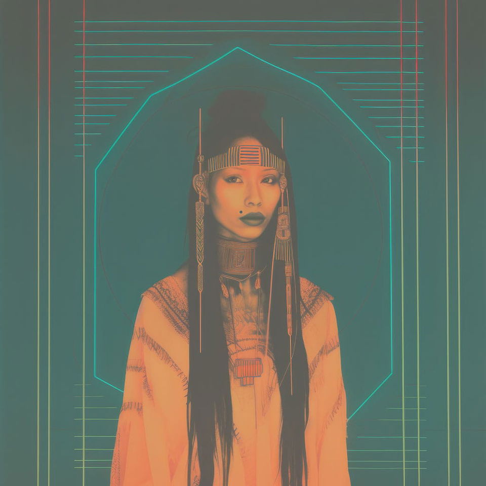 Cyberpunk character in the style of Edward S. Curtis, teal-and-orange vintage poster portrait
