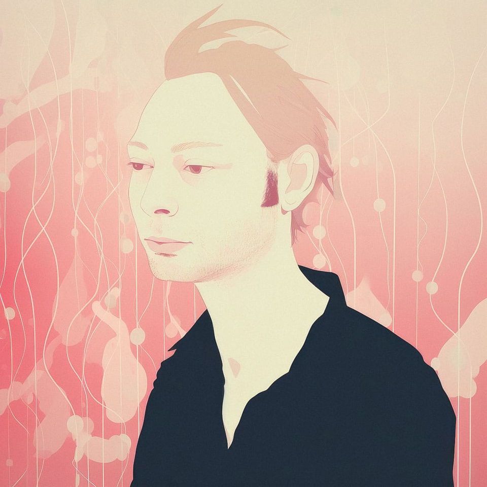 Thom Yorke portrait in a flat pastel illustration with pink tones and soft light