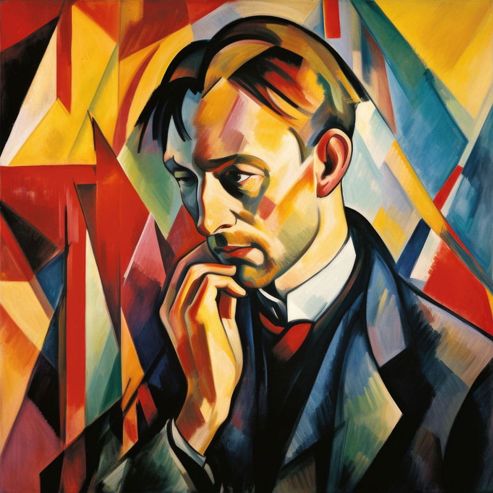 Thom Yorke portrait in the style of Franz Marc, angular brushwork and vivid primary colors, Midjourney V5.2