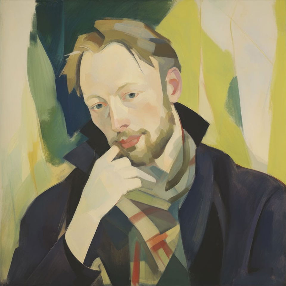 Thom Yorke portrait in the style of Franz Marc, with bold angular brushwork and muted colors