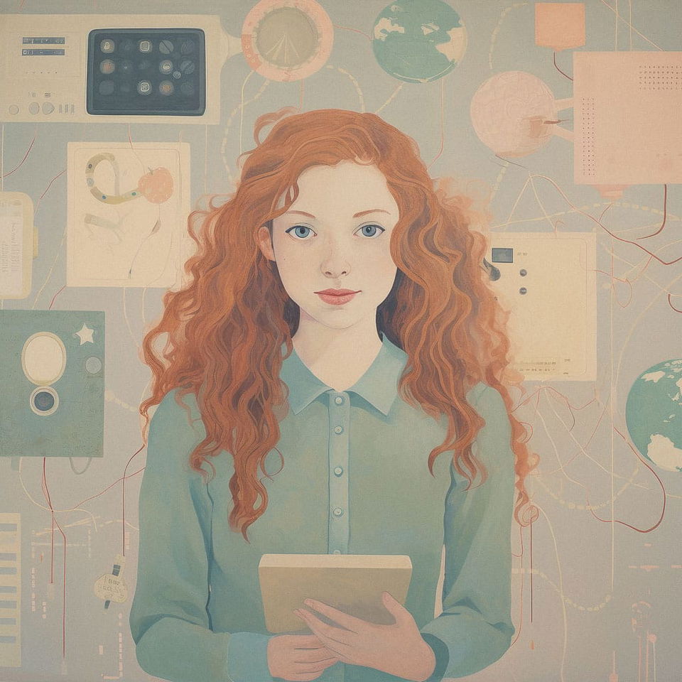 Tech-savvy teenage girl with red hair holding a tablet, pastel digital illustration with soft light