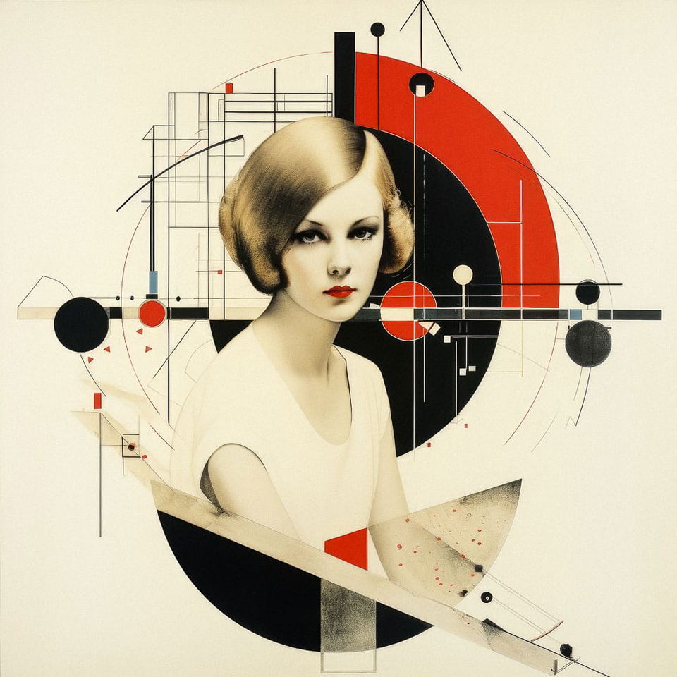 Teenage girl with geometric forms, in the style of El Lissitzky, in cream, red and black, Midjourney V5.2
