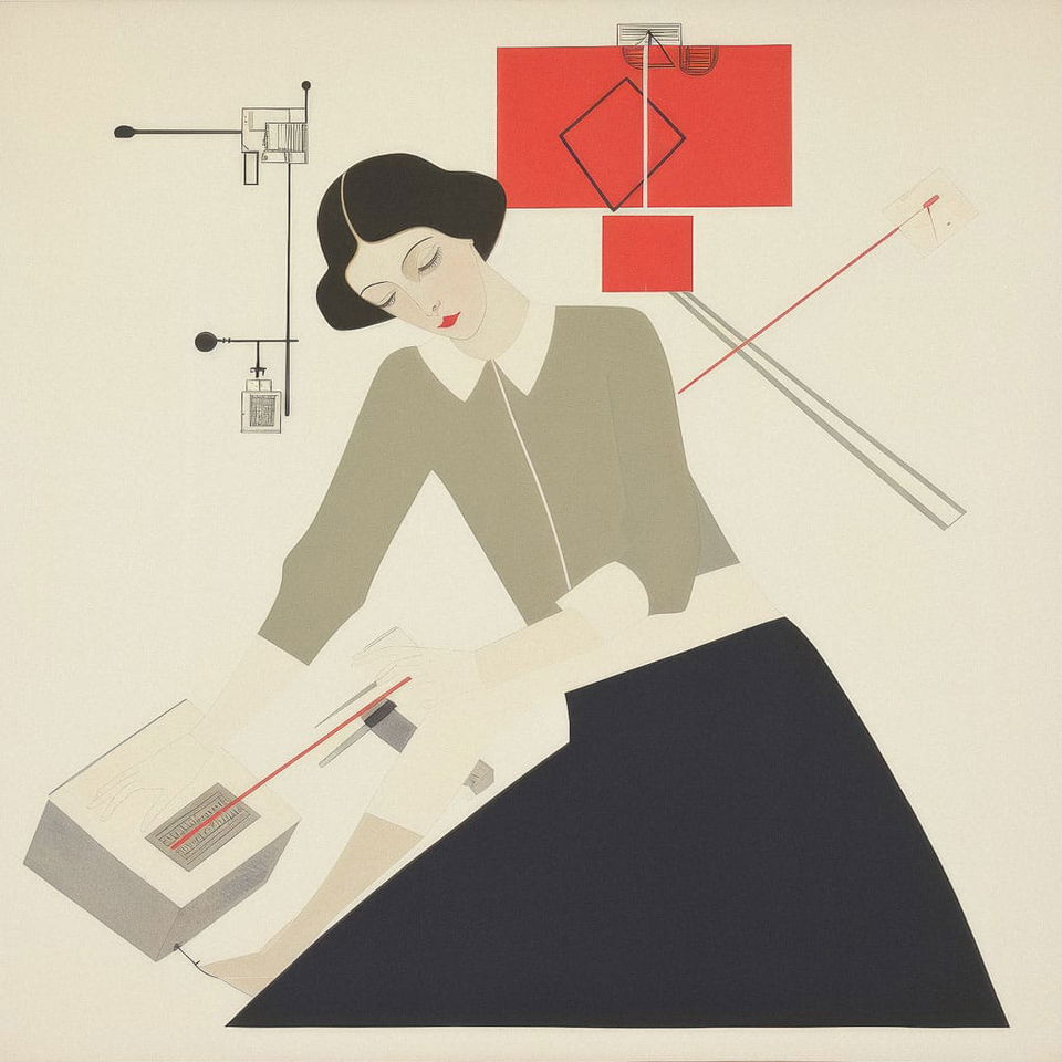 Tech genius teenage girl in the style of El Lissitzky, geometric flat illustration in muted tones