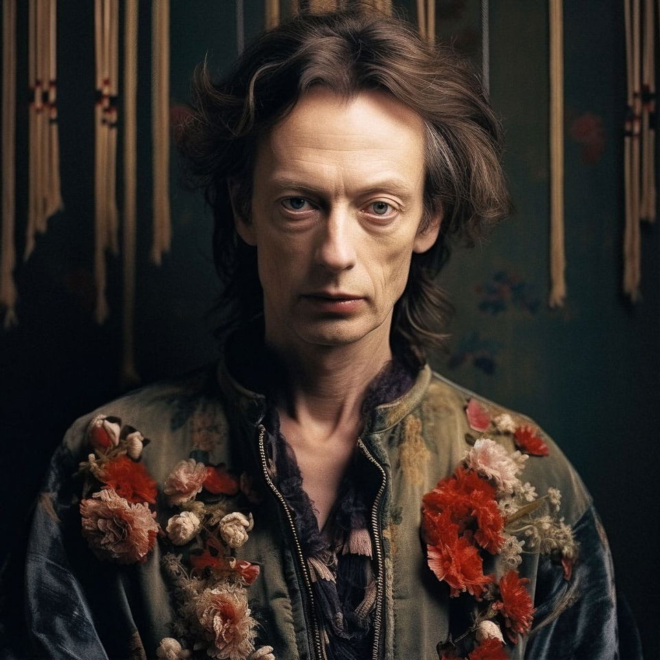 Portrait of a long-haired man in an embroidered jacket, dark cinematic lighting and muted colors, Midjourney V5.2