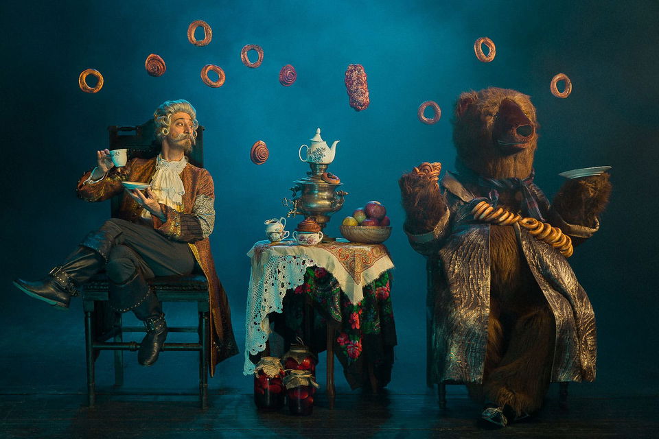 Victorian tea party with seated gentleman and bear, theatrical oil-painting style in teal and gold