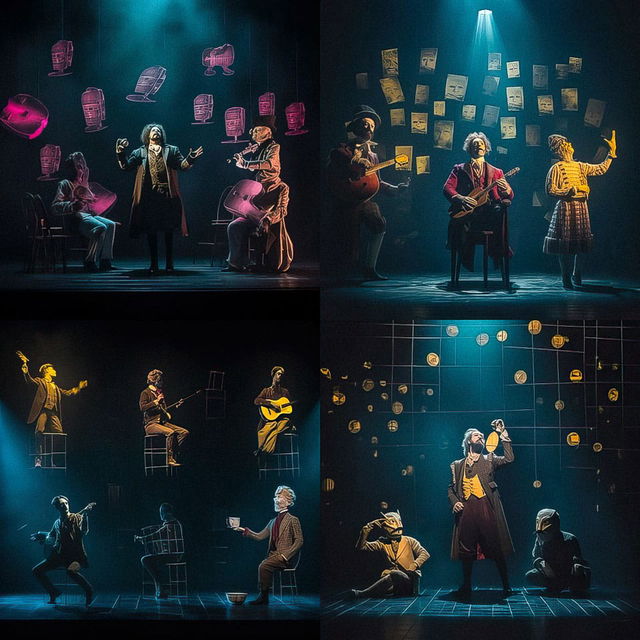 Theatrical stage scenes with musicians and performers, in teal and magenta-lit painterly collage