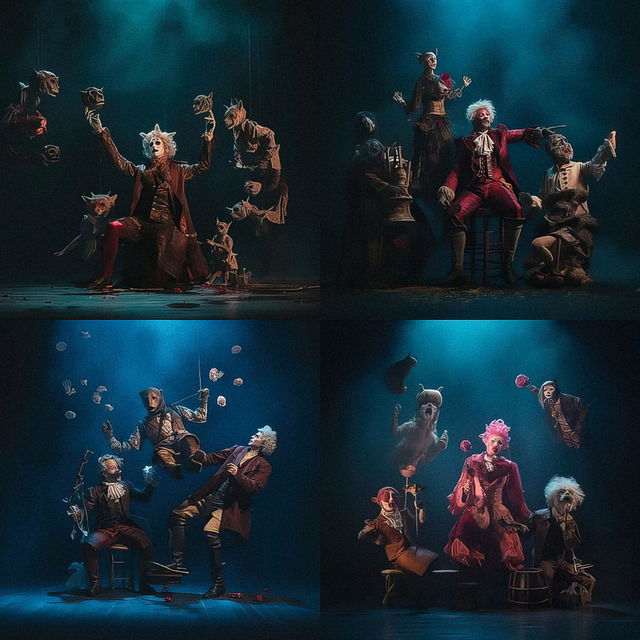 Four theatrical scenes with costumed performers, blue stage lighting and dark painterly tones