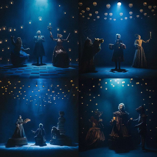 Theatrical stage scenes with costumed performers, cinematic blue lighting and floating golden lights