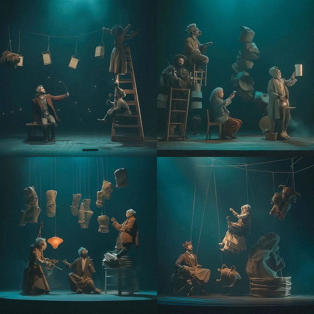 Surreal stage performance with suspended props and actors, painterly teal palette, dramatic light