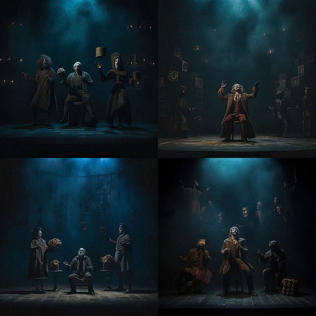 Theatrical performers on a dark stage, blue-black palette and dramatic overhead lighting