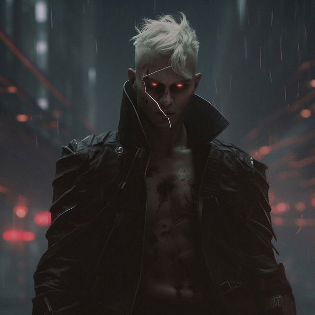 Cyberpunk character with glowing red eyes in a dark coat, cinematic teal and red lighting