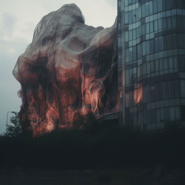 Organic bioarchitecture beside a glass office tower, rendered in smoky gray and ember-red tones