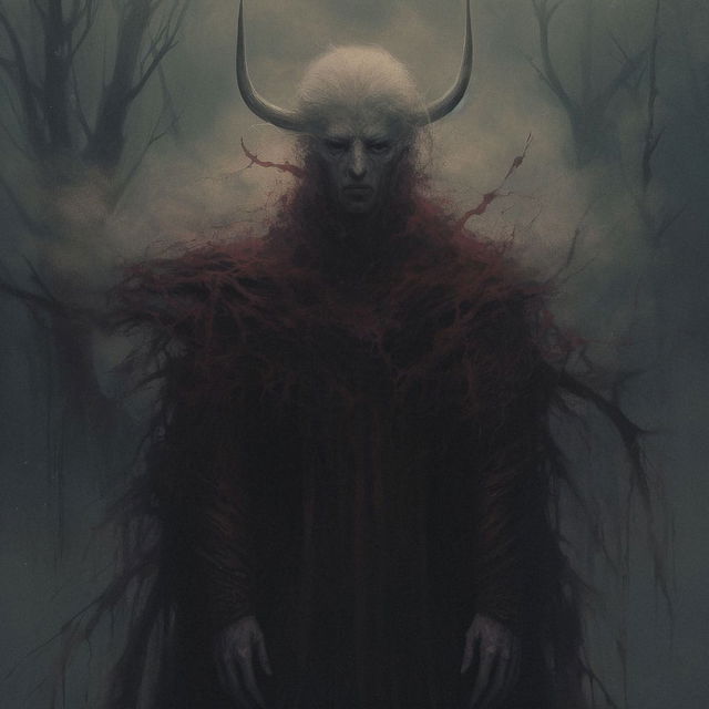 Chernobog, a horned shadowy figure in a misty forest, rendered in dark muted tones