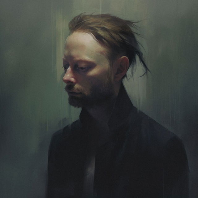 Thom Yorke portrait in dark painterly tones with muted green lighting and soft shadows