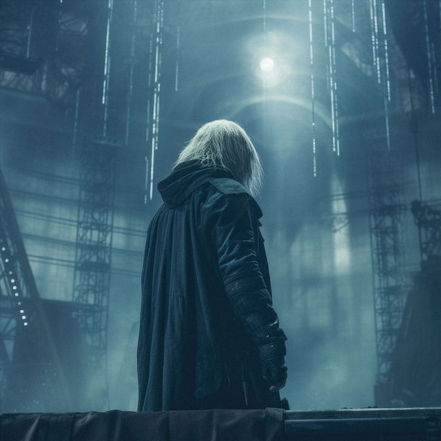Masked performer onstage in a dark coat, rendered in cinematic blue-gray light and fog