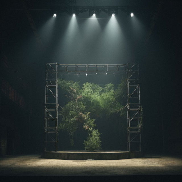 Tree-filled stage framed by scaffolding, in muted green tones under dramatic spotlights