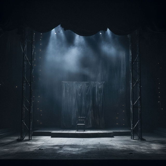 Empty theater stage with a chair, rendered in a dark, cool blue palette and dramatic spotlights
