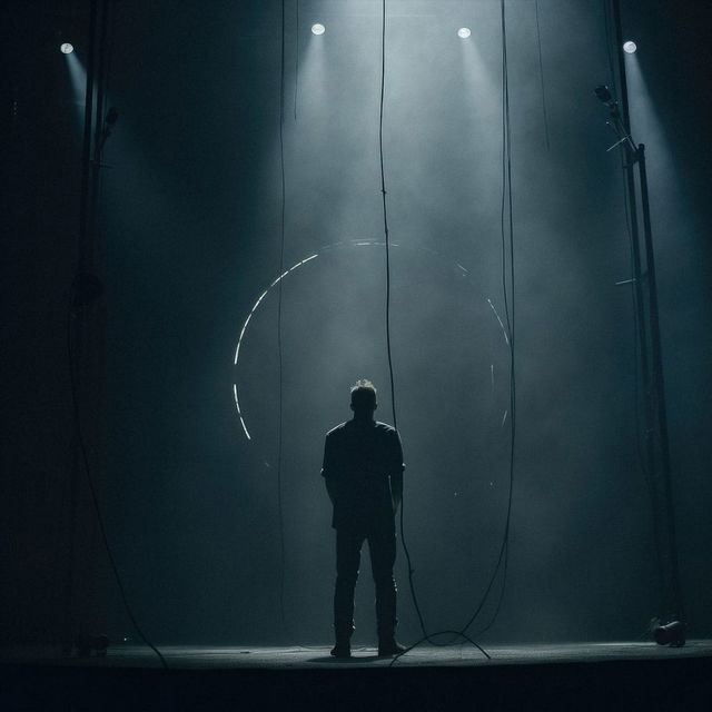 Thom Yorke standing onstage, silhouetted in moody blue-gray concert lighting