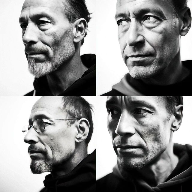 Four close-up male portraits in high-contrast black-and-white photography with stark lighting