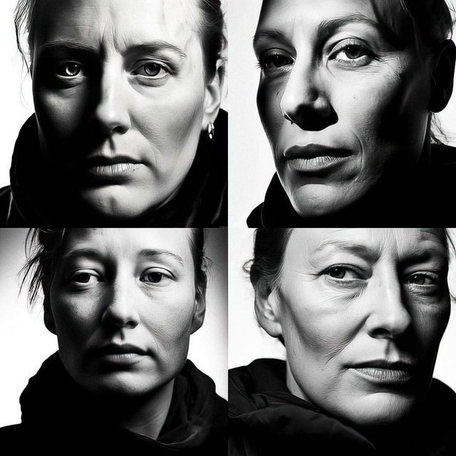 Four close-up portraits of women in stark, high-contrast black-and-white photography