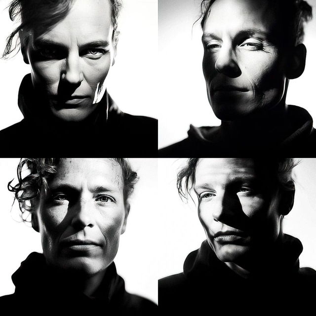 Four close-up portraits with stark black-and-white photography and dramatic high-contrast lighting
