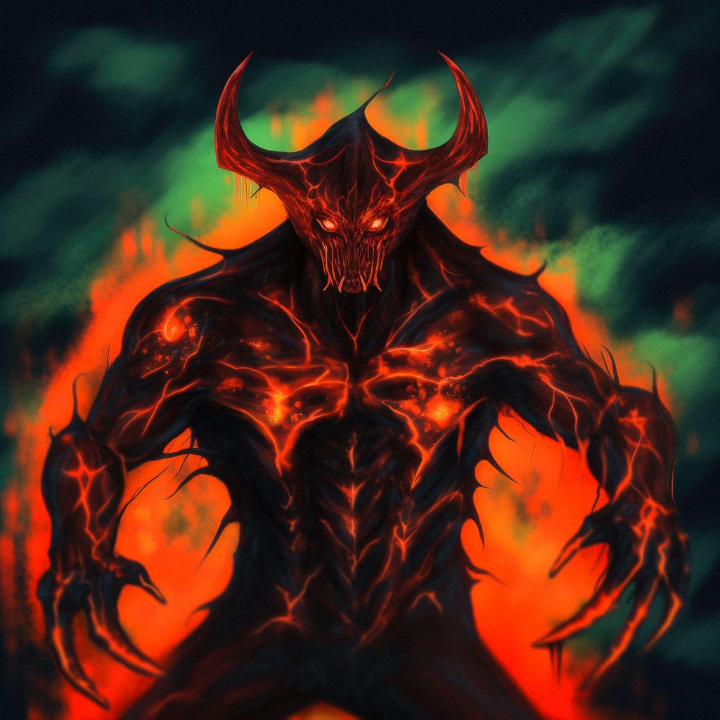 Chernobog demon with horns, rendered in fiery red-orange and black with smoky green light