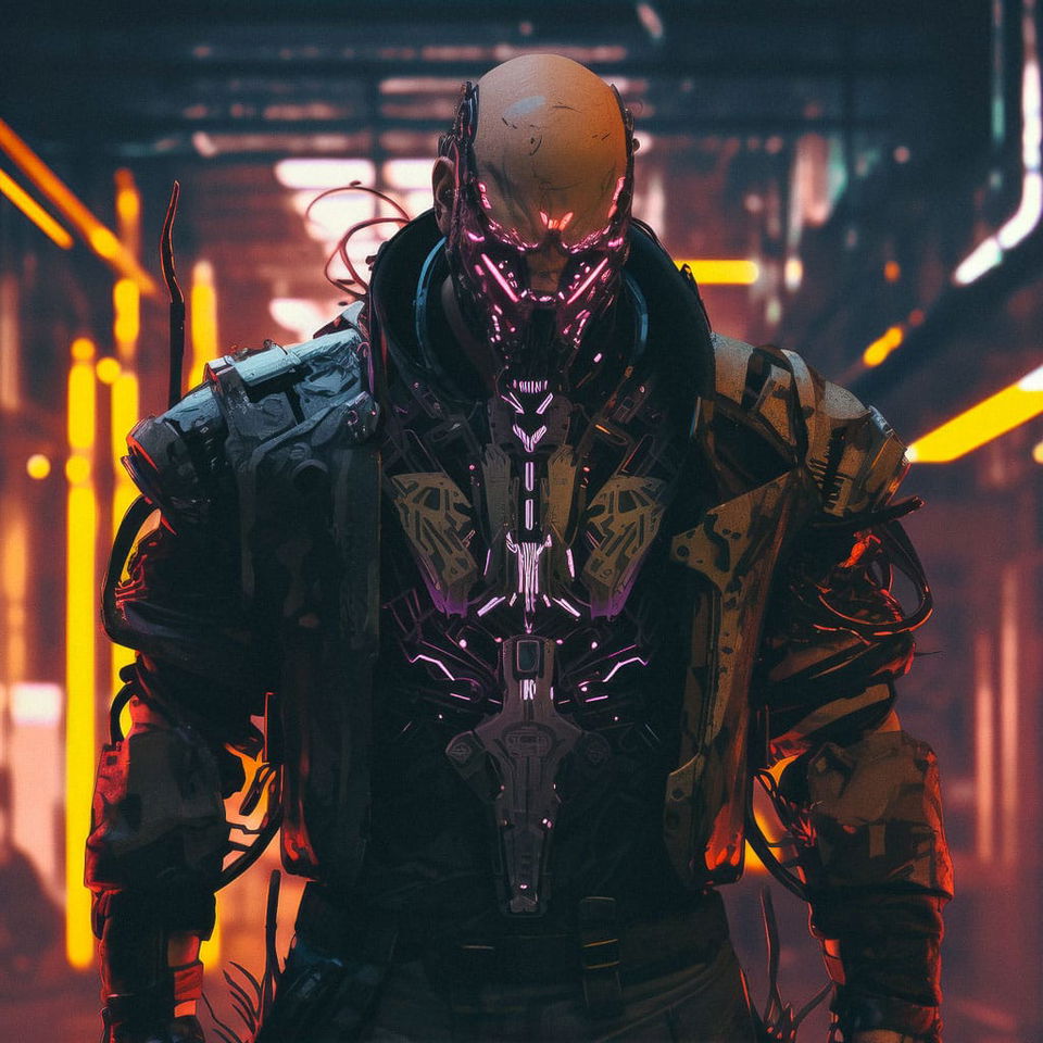 Cyberpunk character in dark armor with glowing magenta circuitry, high-contrast neon lighting