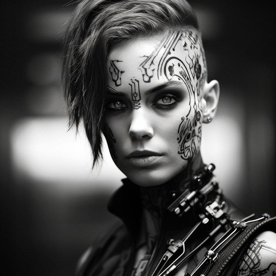 Cyberpunk character portrait in stark black-and-white photography with dramatic lighting, Midjourney V5.2
