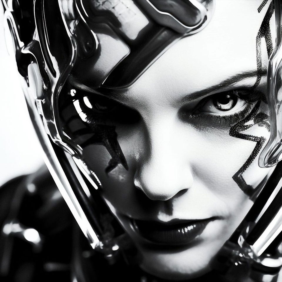 Cyberpunk character in a high-contrast black-and-white photograph with dramatic lighting
