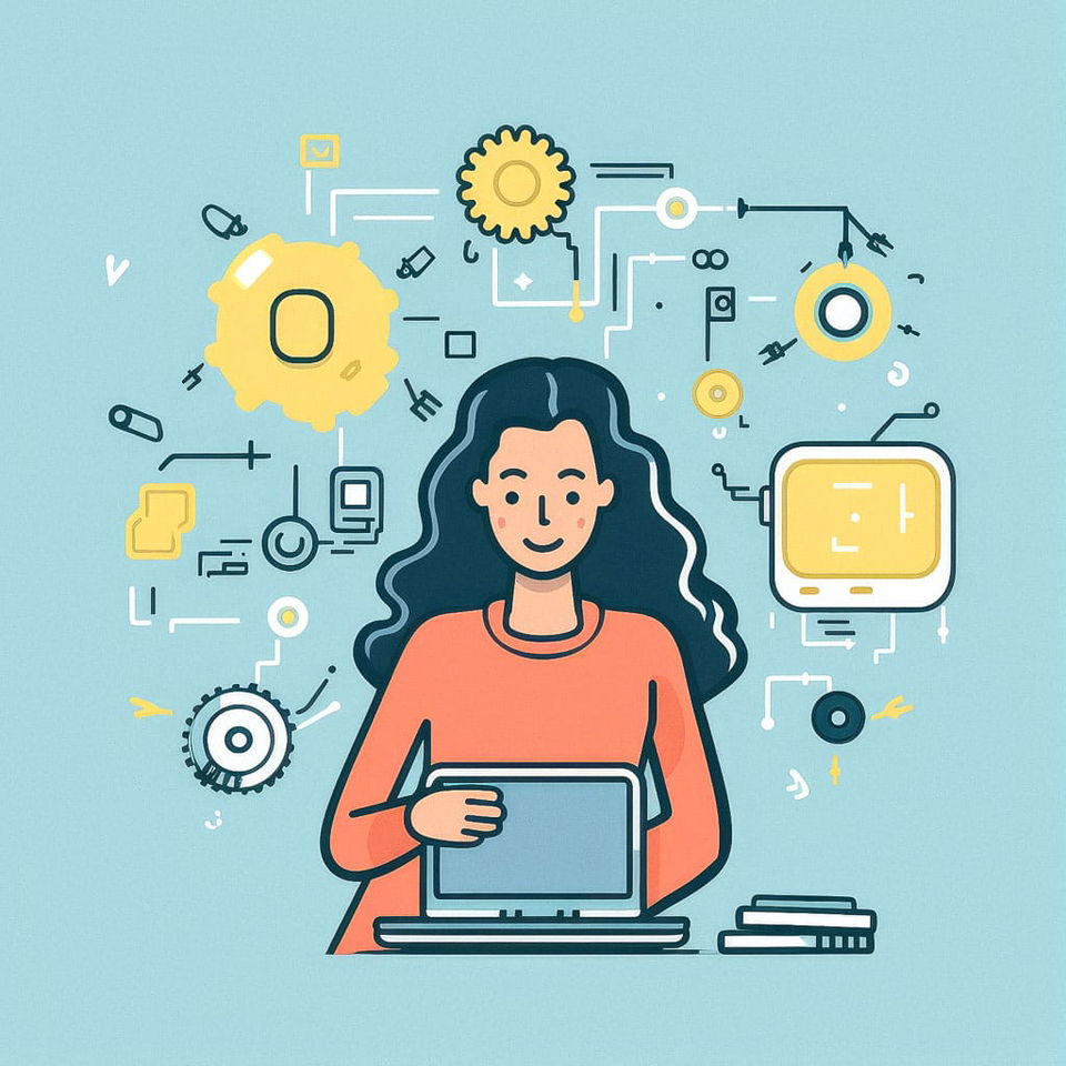 Tech-savvy teenage girl with laptop, in a flat cartoon style with bright colors and bold outlines