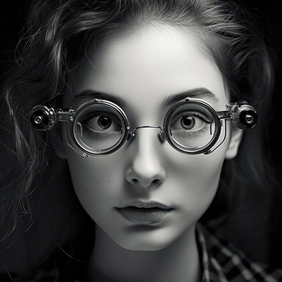 Tech genius teenage girl in a stark black-and-white close-up photograph with round glasses, Midjourney V5.2