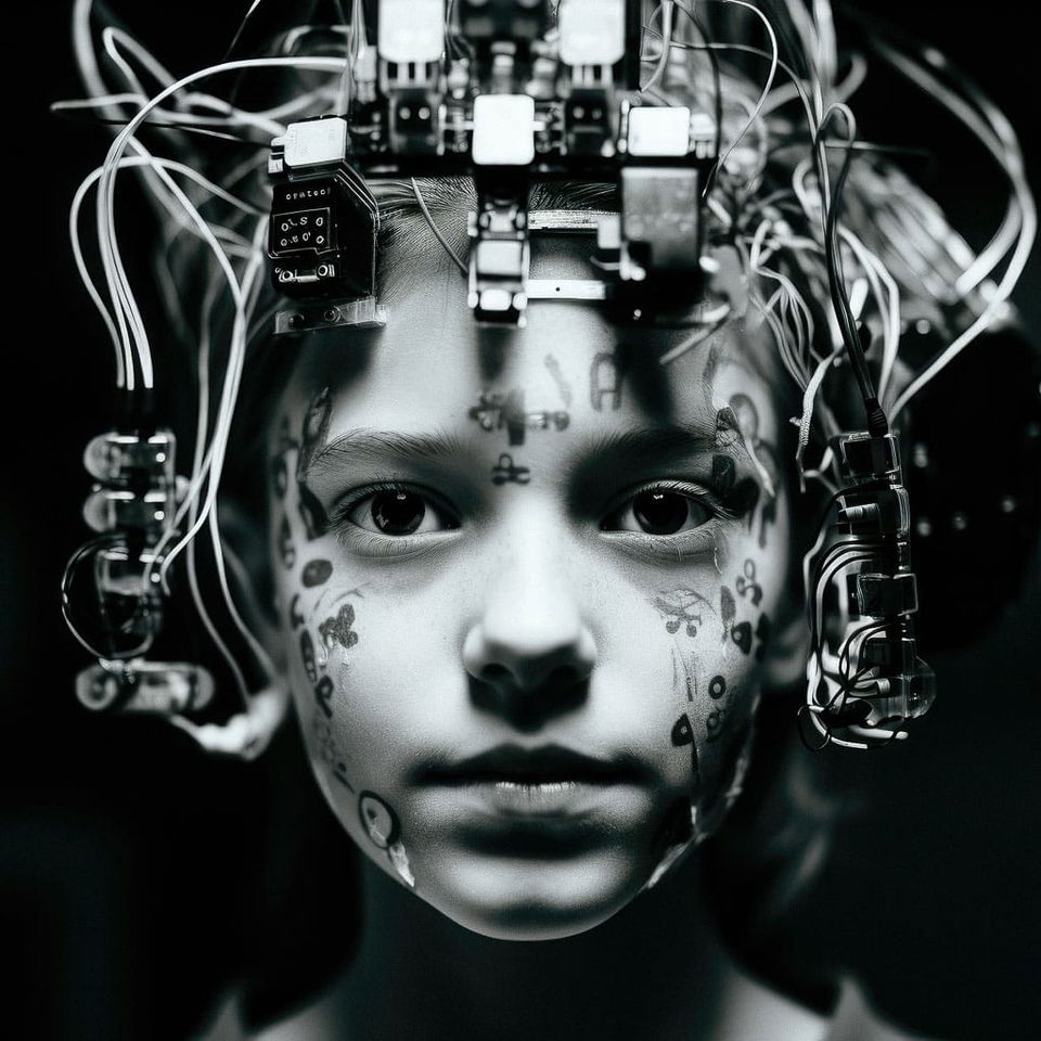 Child's face with wires and mechanical devices, high-contrast black-and-white portrait lighting